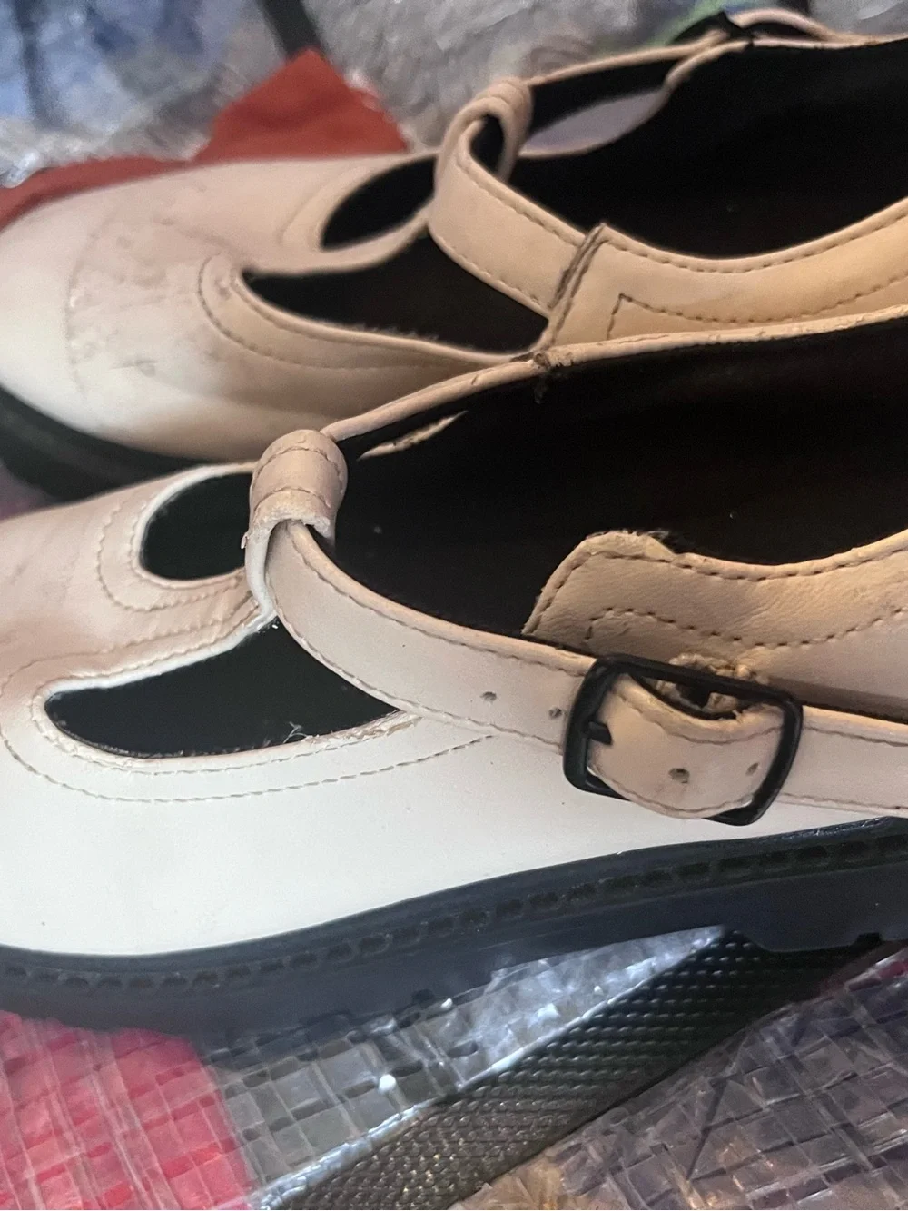 Zara Cream T-Strap Loafers with Black Soles